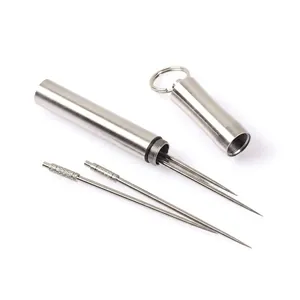 Portable stainless steel toothpick set with waterproof keychain holder for outdoor camping