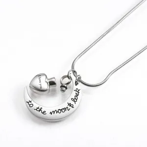 Collar de cremación de acero inoxidable con colgante de luna y corazón con grabados