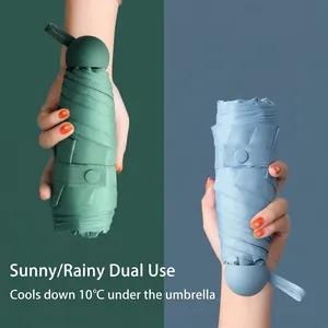 Mini Capsule Sun Rain Umbrella UPF50 Plus Five Fold Portable Ultra Light Sunshade Pongee Cloth Black Glue Coating Manual Umbrella For Women