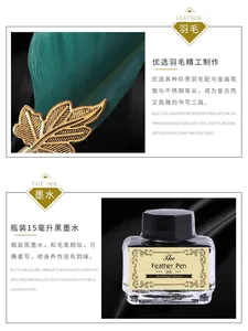 Detailed close-up view of a vintage green feather quill pen and a 15ml bottle of black ink.