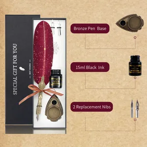 Vintage calligraphy gift set with red feather pen, bronze base, black ink and nibs