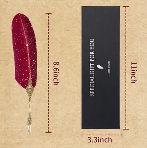 Detail view of vintage maroon feather quill pen set and black gift box with dimension markers