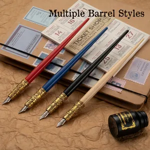 Vintage calligraphy dip pen set with four colorful barrels and ornate gold metal grips