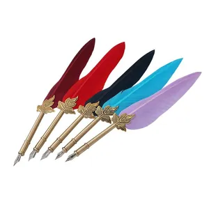 Vintage European feather quill pen set with five vibrant colors and brass finish