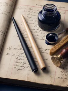 Vintage dip pen set with wooden holders, blue ink, and wax seal stamp on old ledger