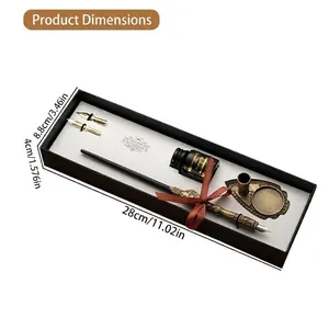 Vintage calligraphy dip pen gift set with ink and nibs, product dimensions shown