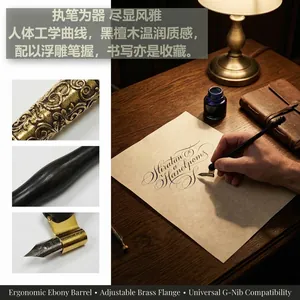 Vintage ebony wood calligraphy dip pen with adjustable brass flange and universal G-nib