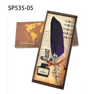 Vintage Feather Quill Pen Set World Map Gift Box Calligraphy Dip Pen With 5 Nibs Ink Bottle Stainless Steel Nib Alloy Pen
