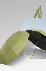 Automatic folding umbrella with green canopy and black UV coating detail