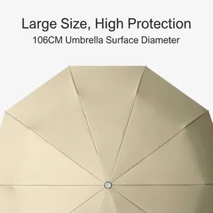 Top view of a large 106cm automatic folding umbrella in a classic beige khaki color