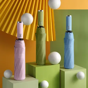 Automatic folding umbrellas in pastel pink, green, and blue on artistic display stands
