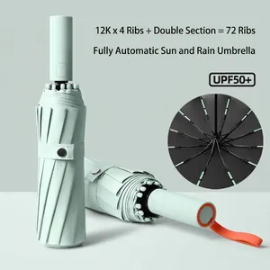 Fully automatic 72-rib windproof umbrella with UPF50+ protection for sun and rain.
