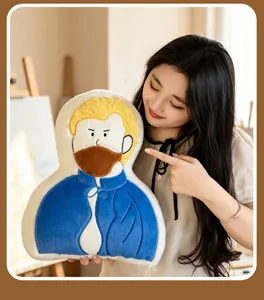 Detailed macro shot of a cartoon Van Gogh plush pillow being held in an art studio.