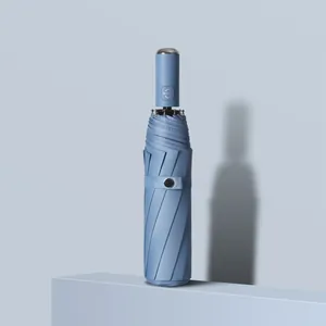 Premium compact blue automatic folding umbrella with windproof frame for sun and rain protection