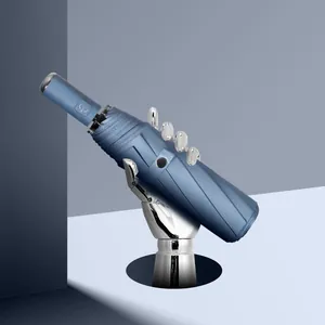Blue automatic folding umbrella held by a robotic hand against a minimalist background.