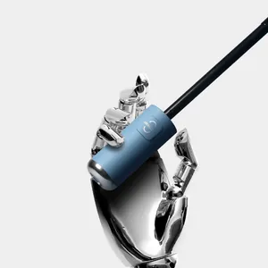 Premium blue automatic folding umbrella handle held by a futuristic silver robotic hand