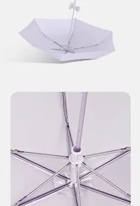 Detailed view of the internal frame and metallic ribs of a lightweight lavender umbrella