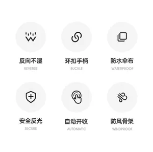 Six feature icons for automatic umbrella: buckle handle, waterproof, and windproof frame