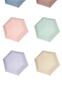 Detail view showing a variety of ultralight mini sun umbrellas in six soft pastel colors