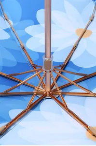 Close-up view of sturdy metal ribs and blue daisy floral pattern inside sun umbrella