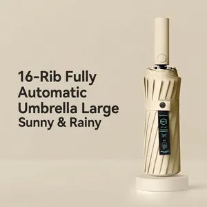 Automatic Folded Umbrella Windproof 16 Ribs Large Sun Rain Umbrella UV Protection Black Glue Coating Pongee Fabric For Men Women