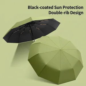 Automatic folding sun umbrella with black coating and double rib design in olive green.