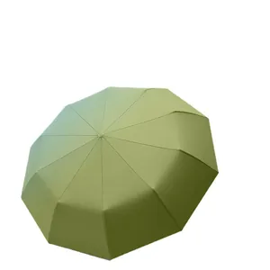 Large olive green automatic folding umbrella for sun and rain protection with sturdy frame