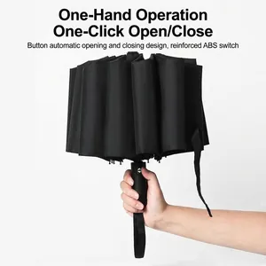Fully automatic black folding umbrella for sun and rain with one-button operation