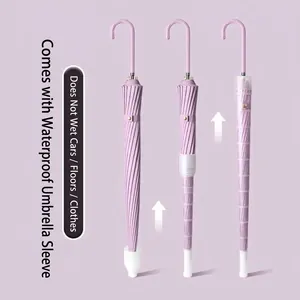 Elegant purple long handle umbrella with a built-in sliding waterproof cover protector