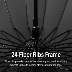 Interior view of 24 reinforced fiber ribs of a black long-handle straight umbrella