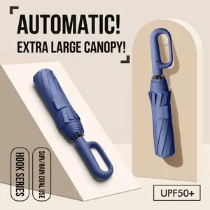 Automatic navy blue umbrella with hook handle and UPF50+ UV protection for rain or sun