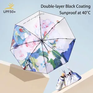Compact five-fold floral illustration sun umbrella with UPF50+ double layer coating