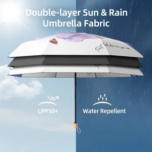 Double-layered sun and rain umbrella with floral illustration and UPF50+ protection