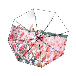 Compact 5-fold sun and rain umbrella with artistic hand-painted pink floral illustration