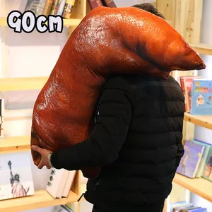 Funny 90cm realistic braised pig trotter plush pillow carried by a person