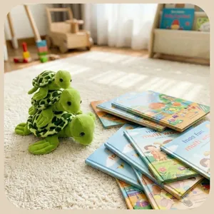 Peluche tortue verte mignonne posée sur un tapis doux avec des livres pour enfants