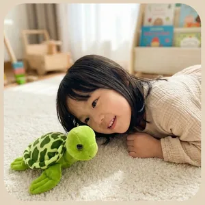 Détail d'une peluche de tortue de mer verte avec de grands yeux dans une chambre.