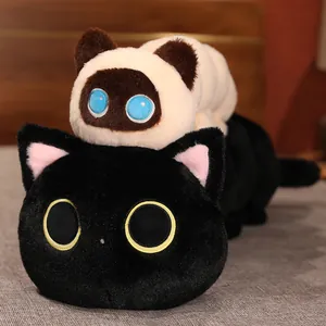 Soft plush long caterpillar pillow with cute black and Siamese cat faces for bed decor