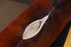 Close-up of invisible zipper and white stuffing on simulation pig trotter plush pillow