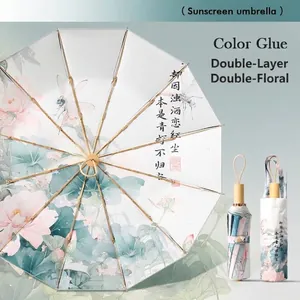 Sombrilla de protección UV con flores chinas, 24 varillas y tela de doble capa