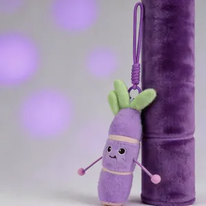 Adorable colgante de peluche de caña de azúcar morada para bolsos y llaveros con cara sonriente