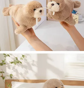 High-quality detail shots of brown plush walrus toys in a warm indoor home environment