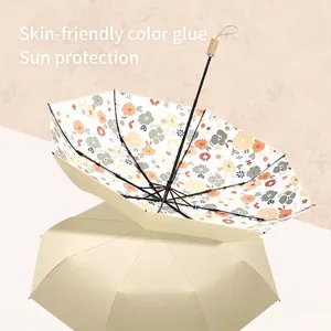 Pastoral Floral UV Protection Sun Rain Umbrella For Women High Density Pongee 3-Fold Portable Parasol Wood Grain Handle