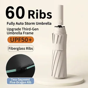 60-rib fully automatic folding umbrella featuring UPF50+ UV sun and rain protection.