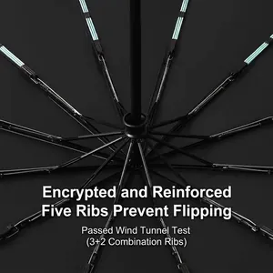 Close-up of the internal reinforced rib structure of a black automatic umbrella