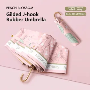 Pink floral sun umbrella with UPF50+ UV protection and an elegant gilded hook handle.