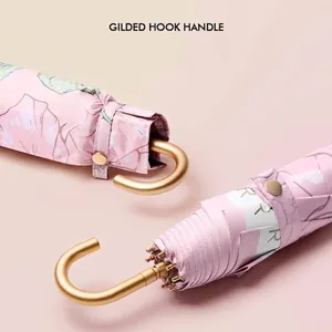 UPF50+ folding sun umbrella with elegant gilded hook handle and pink floral print