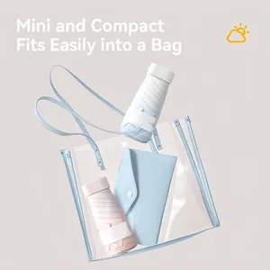 Compact gradient mini sun umbrella inside a clear tote bag, lightweight for travel.