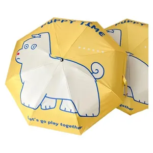 Automatic sun and rain yellow umbrella with cute cartoon dog and Puppy Time design