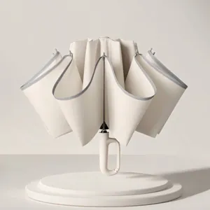 Fully automatic inverted umbrella featuring a creative ring handle in cream beige
